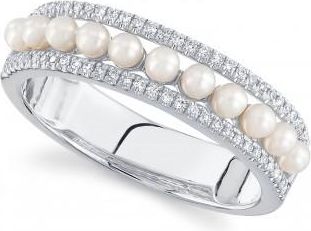 Allurez Diamond & Cultured Pearl Band Ring 14K White Gold (0.14ct)