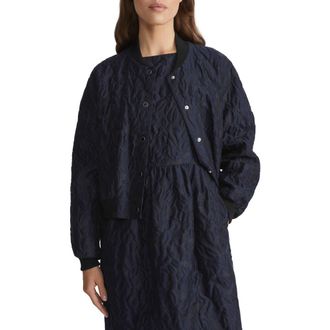 Lafayette 148 New York Floral Jacquard Cotton & Silk Blend Bomber Jacket in Midnight Blue at Nordstrom, Size X-Large