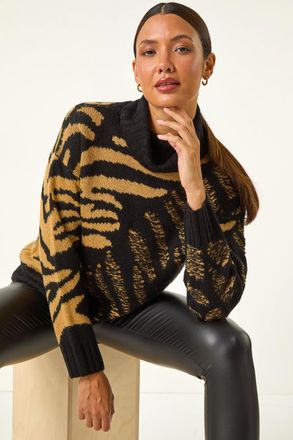 Roman Jacquard Animal Print Roll Neck Knit Jumper