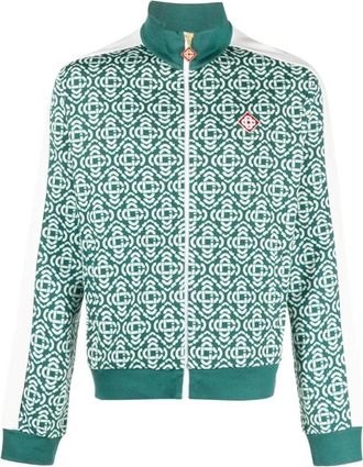 Casablanca Monogram-Jacquard Zip-Up Cardigan - Heren - Vesten met rits - Groen - S - Katoen - Hoodies & sweatvesten
