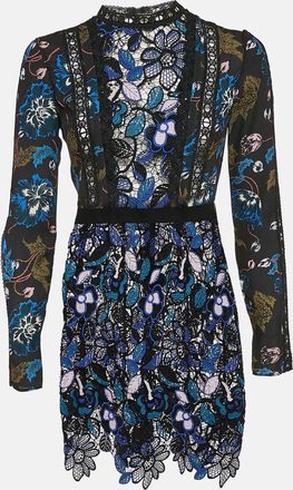 Self Portrait Blue/black Floral Print Chiffon And Lace Short Dress