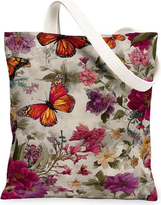 Generic Floral Butterfly Canvas Tote Bags, Vintage Botanical Pattern Reusable Grocery Bags, Lightweight Washable Shoulder Strap Can, Multicolor, 13x15 Inch