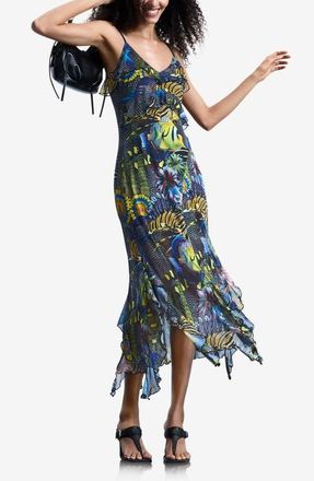 Desigual Print Ruffle Sleeveless Midi Dress in Black at Nordstrom, Size X-Small