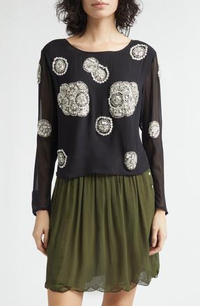 Bode Brooch Crystal Beaded Silk Georgette Top in Black at Nordstrom, Size Medium