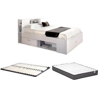 Vente-Unique Vente-unique - Letto con testata con vani portaoggetti e cassetti 140 x 190 cm: Bianco + Rete + Materasso leandre