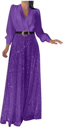 Generic 2025 Womens Jumpsuit Glitter Elegant Long Sleeve V-Neck Long Jumpsuit Sequin Splicing Wide Leg Jumpsuit Belted High Waisted Wide Leg Trouser Suit Even