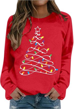 Generic Christmas Tree Jumper Women Christmas Jumpers Long Sleeve Pullover Xmas Tree Print Sweatshirt Fleece Lined Sweaters Tops Crewneck T-Shirt Winter Autum