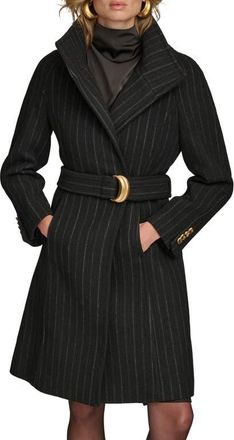 DKNY Belted Wool Wrap Coat in Black Pinstripe at Nordstrom, Size X-Small