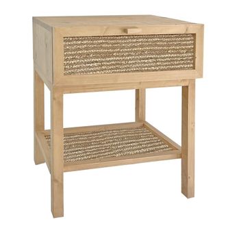 NATYAL Mesita de noche de madera en tonos claros con balda y caj&oacute;n de yute
