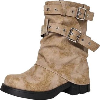 Generic Womens Mid Calf Western Boots Round Toe Med Block Heel Slip On With Platform And Cowgirl Style Buckle Accent