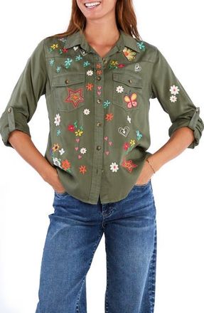 BILLY T Sketchbook Embroidered Button-Up Shirt in Soft Olive at Nordstrom, Size X-Small