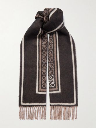 Loewe Sciarpa In Misto Lana E Cashmere Jacquard Con Frange - Marrone