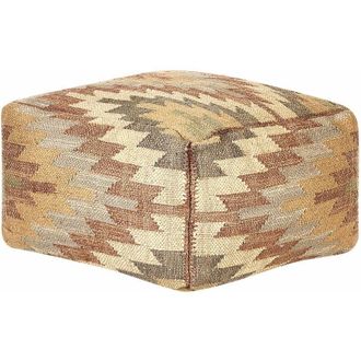 Beliani Pouf in iuta beige rosso 50 x 50 cm poggiapiedi lana motivo geometrico boho Deepor