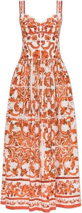 Dolce & Gabbana Maiolica Print Jurk - Dames - Maxi kleedjes - Oranje - M - Katoen - Kleedjes