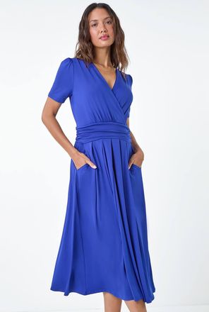 Roman Gathered Stretch Wrap Midi Dress