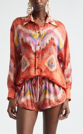Zimmermann Kindred Spirit Alchemy Relaxed Silk Satin Button-Up Shirt in Ruby Tie Dye at Nordstrom, Size 1