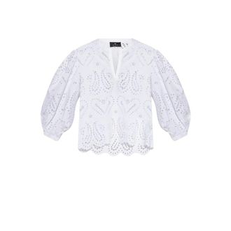 Etro Etro, Blouses, female, White, Size: XS Broderie Anglaise Lace Blouse with Paisleys and Hearts