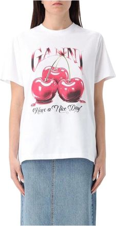 Ganni Tops, Dames, Wit, XS, Katoen, Kersen Grafische Tee Korte Mouwen