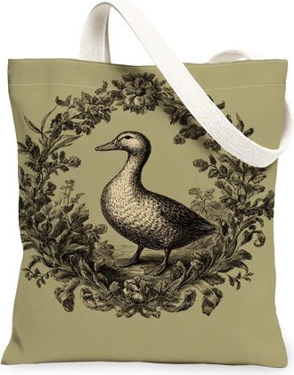 Generic Vintage Duck Canvas Tote Bags, Artistic Floral Design Reusable Shopping Bags, Eco-Friendly Lightweight Washable Shoulder St, Green, 13x15 Inch