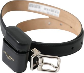Dolce & Gabbana Womens Black Leather Airpods Case Silver Buckle Belt - One Size