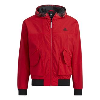 adidas Mens adidas Logo Printing Solid Color Hooded Long Sleeves Jacket Red HC0267