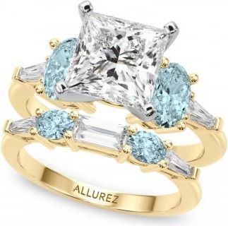 Allurez Princess Cut Lab Grown Diamond & Oval Aquamarine Bridal Set 18K Yellow Gold (4.65ct)