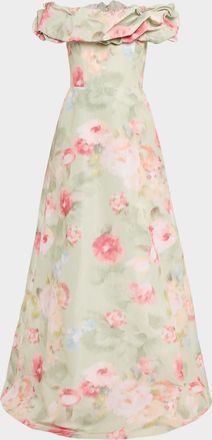 Teri Jon Off-Shoulder Floral Taffeta Gown