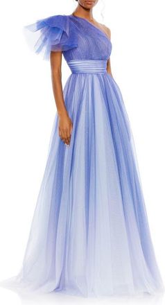 Mac Duggal Glitter Ombre Ruffled One Shoulder Ballgown in Royal Ombre at Nordstrom, Size 14