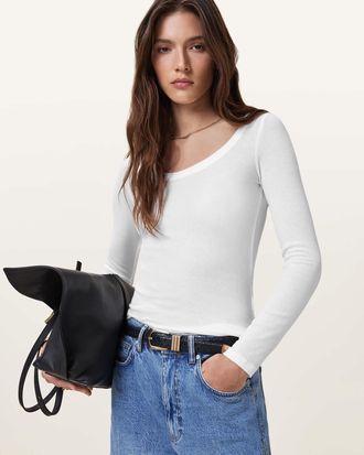 AllSaints Womens Lyocell Rina Long Sleeve Scoop Neck T-Shirt, Size: UK 16/US 12
