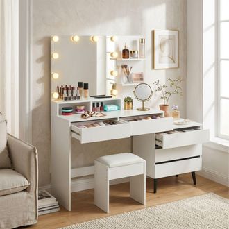 Relaxdays Relaxdays Toeletta, Specchio Led & Sgabello, 5 Cassetti, Hxlxp: 143x150x38 Cm, Bianca