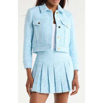 Alice & Olivia Chloe Sequin Embellished Tweed Crop Jacket in Carolina Blue at Nordstrom Rack, Size Medium