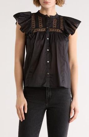 Elie Tahari Cap Sleeve Lace Trim Button-Up Top in Black at Nordstrom Rack, Size X-Small
