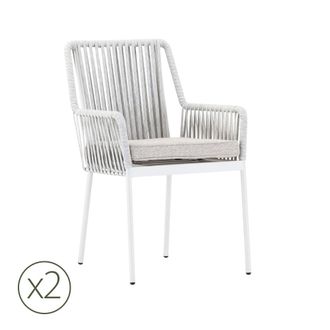Kerama Pack de 2 sillas de jardin de aluminio blanco y cuerda gris con coj&iacute;n