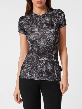 Plein Sport Sheer Jersey T-shirt with Floral and Tropical Print