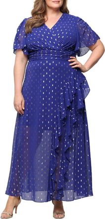S.L. Fashions Flutter Sleeve Fil Coup&eacute; Maxi Dress in Iris at Nordstrom, Size 18W