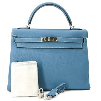 Herm&egrave;s Blue Jean Taurillon Clemence Leather Handbag Tote Bag (Pre-Owned)