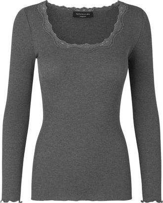 Rosemunde Zijden Kant T-shirt Donkergrijs Melange - Dames - Ronde hals truien - Grijs - XS - Katoen - Truien & Vesten