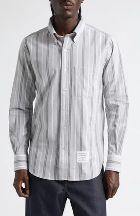 Thom Browne Straight Fit Stripe Cotton Button-Down Shirt in Medium Grey at Nordstrom, Size 4