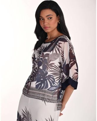 Frank Lyman Design Floral Embroidered Pullover Top In Porcelain/midnight