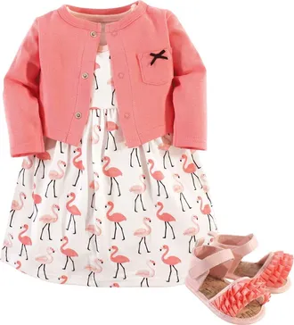 Hudson Baby Cotton Dress, Cardigan and Shoe Set in Flamingos at Nordstrom, Size 12-18M