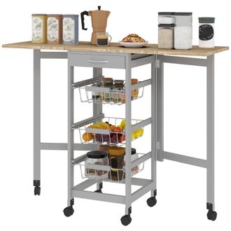 HOMCOM Carrello Portavivande Con 3 Cestini, Cassetto E 2 Ribalte Grigio E Rovere - Homcom
