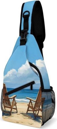 Generic Two Wooden Beach Chairs Mens Shoulder Bags Sling Crossbody Backpack Travel Hiking Chest Bag with Small Side 38x20cm