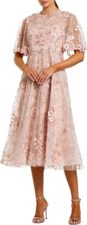 Mac Duggal Petite Flutter Sleeve Floral Emboridered Midi Dress in Blush at Nordstrom, Size 12