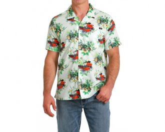 Cinch Tractor Short Sleeve Button Down Camp Shirt In White/green