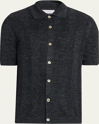 Brunello Cucinelli Mens Linen Rib Short-Sleeve Polo Sweater