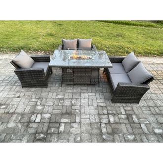 Fimous Rattan Outdoor Garden Furniture Gas Fire Pit Table Sets Gas Heater with Double Seat Sofa Armchair 5 Seater Dark Mixed Grey - Fimous