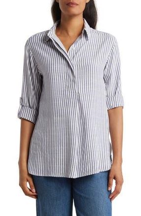 Max Studio Stripe Oversize Long Sleeve Button-Up Tunic in Indigo/Black Framed Stripe at Nordstrom Rack, Size X-Small