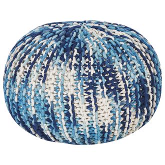 Beliani Puf De Algod&oacute;n Blanco Crema Azul 50 X 35 Cm Otomana Reposapi&eacute;s Bolas Eps Conrad