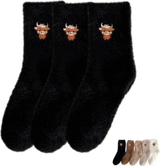 Generic 3 Pairs Cute Cow Slipper Socks, Fuzzy Highland Cow Sock Women, Winter Soft Cozy Plush Sleeping Home Sock (Black)