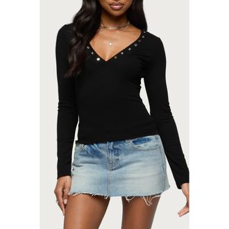 Edikted Rossie Studded Long Sleeve T-Shirt in Black at Nordstrom, Size X-Small